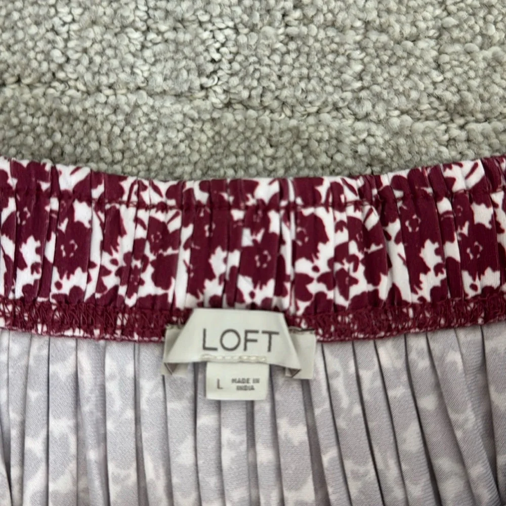 LOFT maroon floral skirt set short sleeve peasent top ruffle elastic burgundy